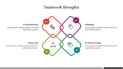 Four interlocking numbered diamond shapes in red, purple, green, and teal representing teamwork strengths with icons.