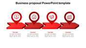 Four red 3D arrows with circular icons above, each with text space, on a white background.