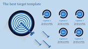 Target PowerPoint slide with concentric rings and arrows with captions on the blue theme.