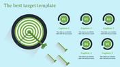 Green bullseye target on a light blue background, with five numbered circular progress icons for captions.