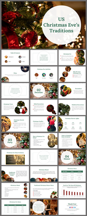 Christmas Eve traditions with tree and ornament visuals, green theme, and sections on decor, dinner, and parties.