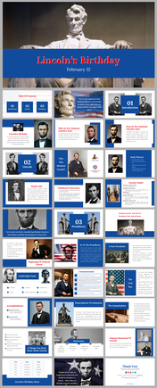 PowerPoint slides celebrating Lincoln's Birthday, including images of Abraham Lincoln, his family, and significant moments.
