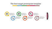 Horizontal layout with six colored icons in yellow, blue, green, orange, red, and gray, leading to a target symbol.