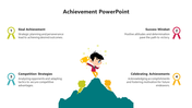 PowerPoint slide showing four achievement categories with medals and a character celebrating success.