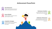 Infographic with a person on a mountain peak holding a golden trophy, flanked by five colorful achievement ribbons.