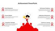 Slide with six numbered ribbon shapes, and an illustrated boy holding a trophy on a red mountain peak in the center.