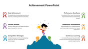 Achievement PowerPoint slide with key categories from Goal Achievement to Continuous Learning with icons.