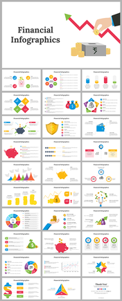 Alt: Financial infographics slide showing piggy bank, coin stacks, currency symbols, and charts for budgeting and savings data.