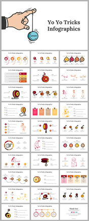 Infographic of a hand with a blue yo-yo slide deck, showing facts and tricks in multi coloured sets.