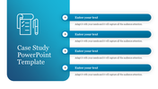 A case study slide with checkmark icons and text boxes for entering information, featuring a modern design on a blue theme.