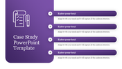 Purple themed layout with an icon of a checklist and pen on the left and four text bars on the right with arrow symbols.