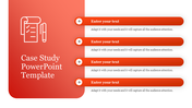 Case study layout featuring an orange section with icons on the left and four text bars with arrow icons on the right.