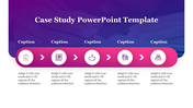 Case study slide with a horizontal pink banner featuring five white circular icons and captions below.