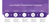Purple themed case study PPT slide featuring four sections with icons and captions.