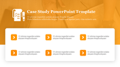 Case study slide featuring six orange buttons with white arrows, aligned in two rows for audience text input.