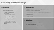 Case study PowerPoint design with sections for problem, approaches, and solutions on a sleek gray background.