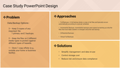 Case study template with sections explaining data backup strategies and simplified solutions on orange background.