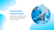Watercolor themed dental clinic slide featuring a dentist examining a patient.