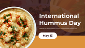 Slide deck featuring a beige and orange theme with hummus imagery, highlighting food textures and cultural significance.