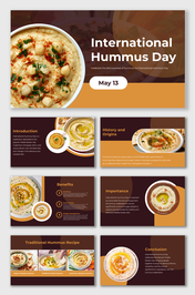 Slide deck featuring a beige and orange theme with hummus imagery, highlighting food textures and cultural significance.