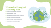 Ecological marketing plan in watercolor style featuring a globe with flowers and bullet points for sustainability actions.