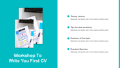 Workshop slide with teal layout featuring a photo of a laptop and CV papers, with four key sections listed on the right.
