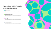 PowerPoint slide with vibrant pink and green circular patterns, detailing a workshop on circular design principles.