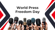 World Press Freedom Day template with red-black-white arrow shapes, microphones, circular photos, and bold text blocks.