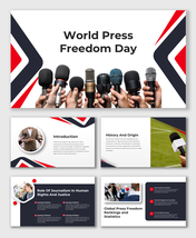World Press Freedom Day template with red-black-white arrow shapes, microphones, circular photos, and bold text blocks.