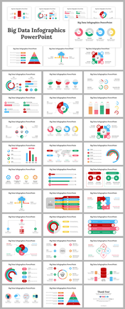 Big data infographics slide deck with various visualization elements like charts, graphs, and icons in colorful layouts.