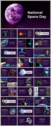 Slide deck on national space day, featuring vibrant galaxy images and discussing exploration and its importance.