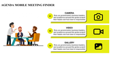 Slide featuring a business meeting graphic and three agenda points with yellow blocks and bold icons on the right.