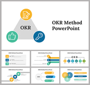 OKR model slide deck represented by a triangle with checklist, key, and thumbs-up icons at the corners.