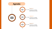 Agenda slide featuring numbered items and icons, with a section for detailed captions.