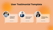 User testimonial layout with circular profile images and quotes in chat boxes, set on a peach orange gradient background.