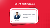 Red theme client testimonial slide featuring Peter Smith's positive feedback on expertise, communication, and experience.