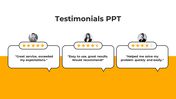 Testimonial slide with three user photos, star ratings, and speech bubble containing quotes on a white and orange background.