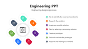 Circular layout with central gear, surrounded by seven colorful icons and a list of steps in engineering process on right.