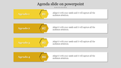 Vertical list of four yellow agenda items with hexagonal icons and corresponding numbered steps.