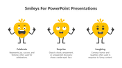Set of animated smiley characters slide showing different emotions celebration, surprise, and laughter with captions.