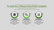 Infographic featuring three circular icons with green outlines and money related symbols, arranged horizontally.