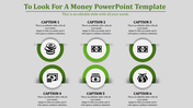 Six circular icons with money symbols in green borders, arranged in two rows with captions, on a light gray background.