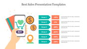 A PowerPoint template for sales with discount offers on six items and a mobile shopping icon.