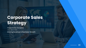Corporate Sales Presentation PPT with blue theme, business meeting image, charts, icons, and clean text layout design.