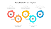 Colorful recruitment process template with five steps and matching icons for each stage and text descriptions.