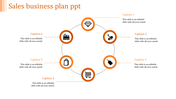Sales plan infographic featuring a circular arrangement of icons like cart, tag, and diamond each with caption areas.