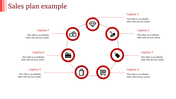 Circular layout with seven red bordered icons connected by thin lines, depicting sales elements with captions around.