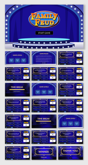 Interactive family feud slide deck in vibrant blue with game rounds, rules, and winner screens in a stage like design.