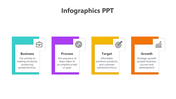 Colorful infographic slide with sections for business, process, target, and growth, each with an icon and description.