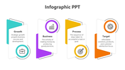 Colorful infographic layout showing four vertical cards with titles, icons, and text, arranged in a staggered row.